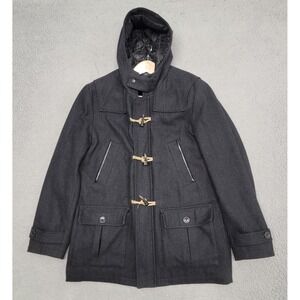 Nautica Coat Mens Large Black Wool Hooded Duffle Toggle Full Zip Winter Jacket